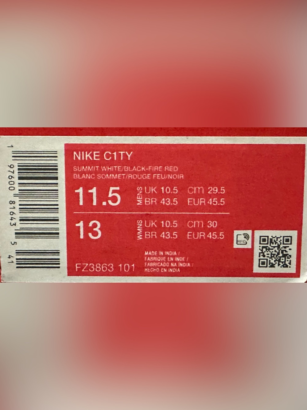 Nike C1TY Men’s Sneaker, size 11.5, summit white/black-fire red - Picture 8 of 8
